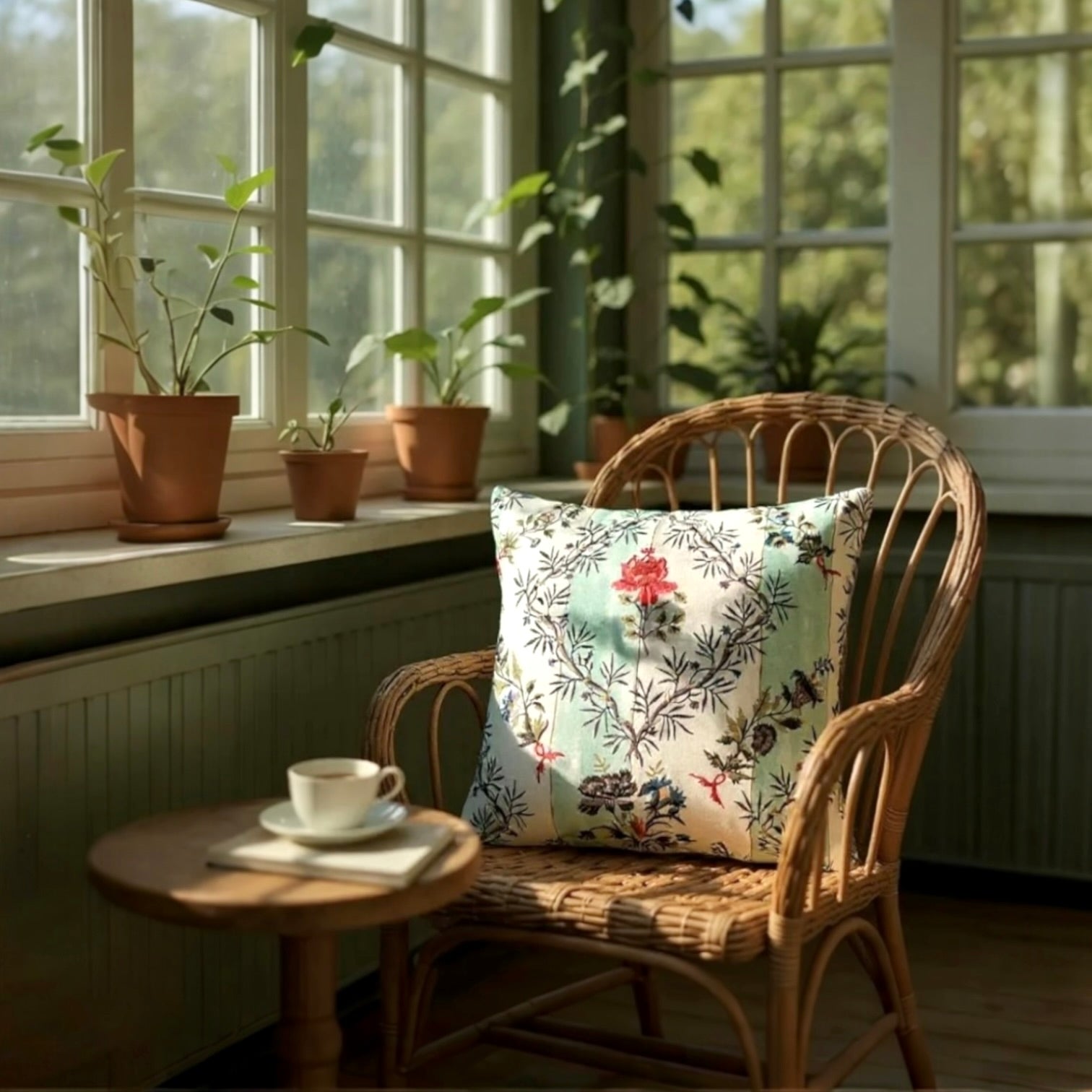 Floral Embroidered Striped Linen Cushion, Reversible - 40x40cm