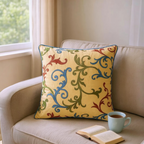 Golden Yellow 100% Silk Taffeta Multicoloured Embroidered Swirls Cushion - 60x60cm