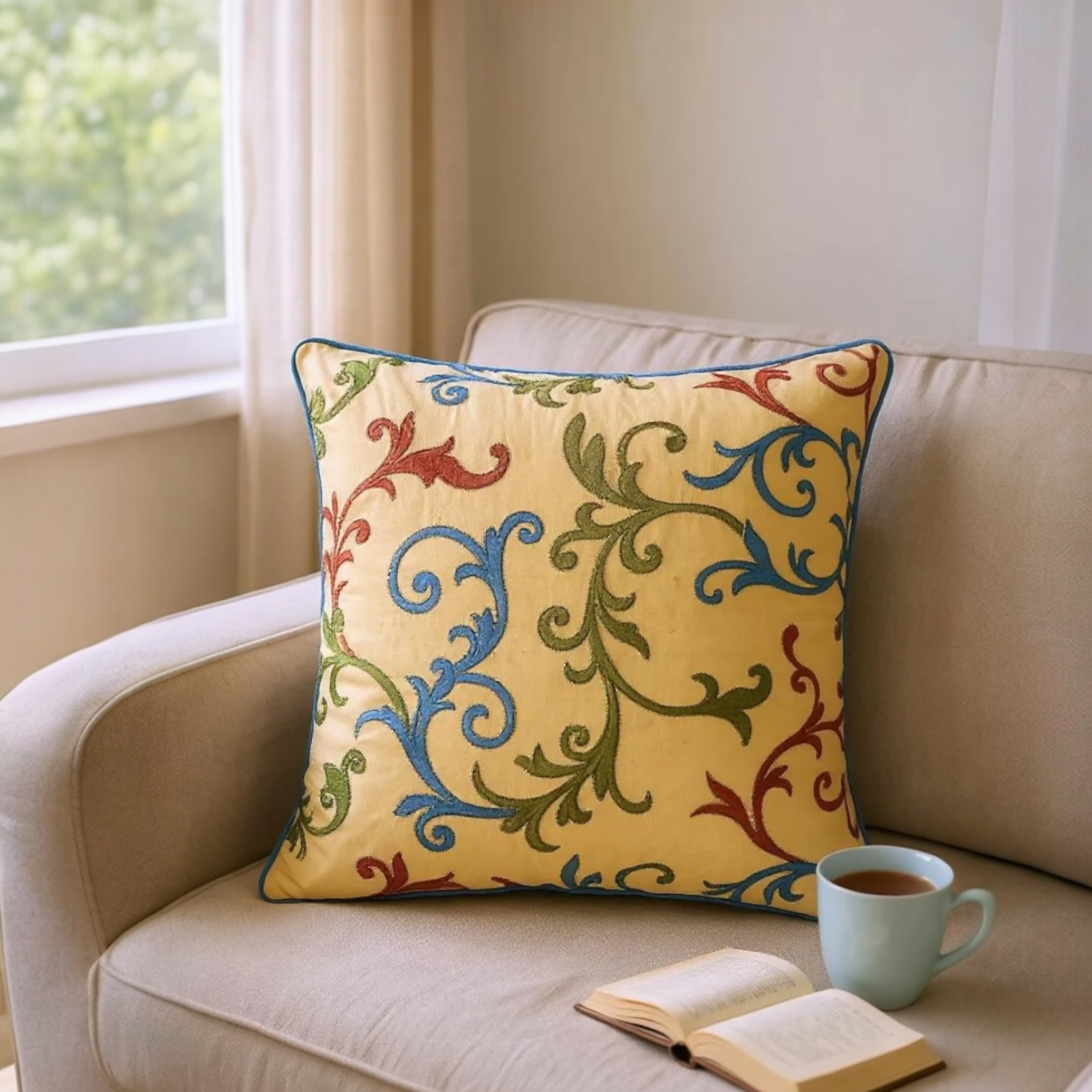 Golden Yellow 100% Silk Taffeta Multicoloured Embroidered Swirls Cushion - 60x60cm