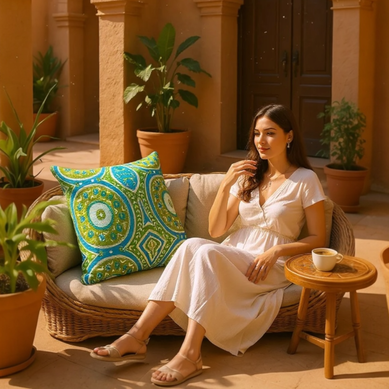 Large sustainable embroidered cushion with green and blue geometric design on linen, reversible wool back, 65x65cm floor cushion.