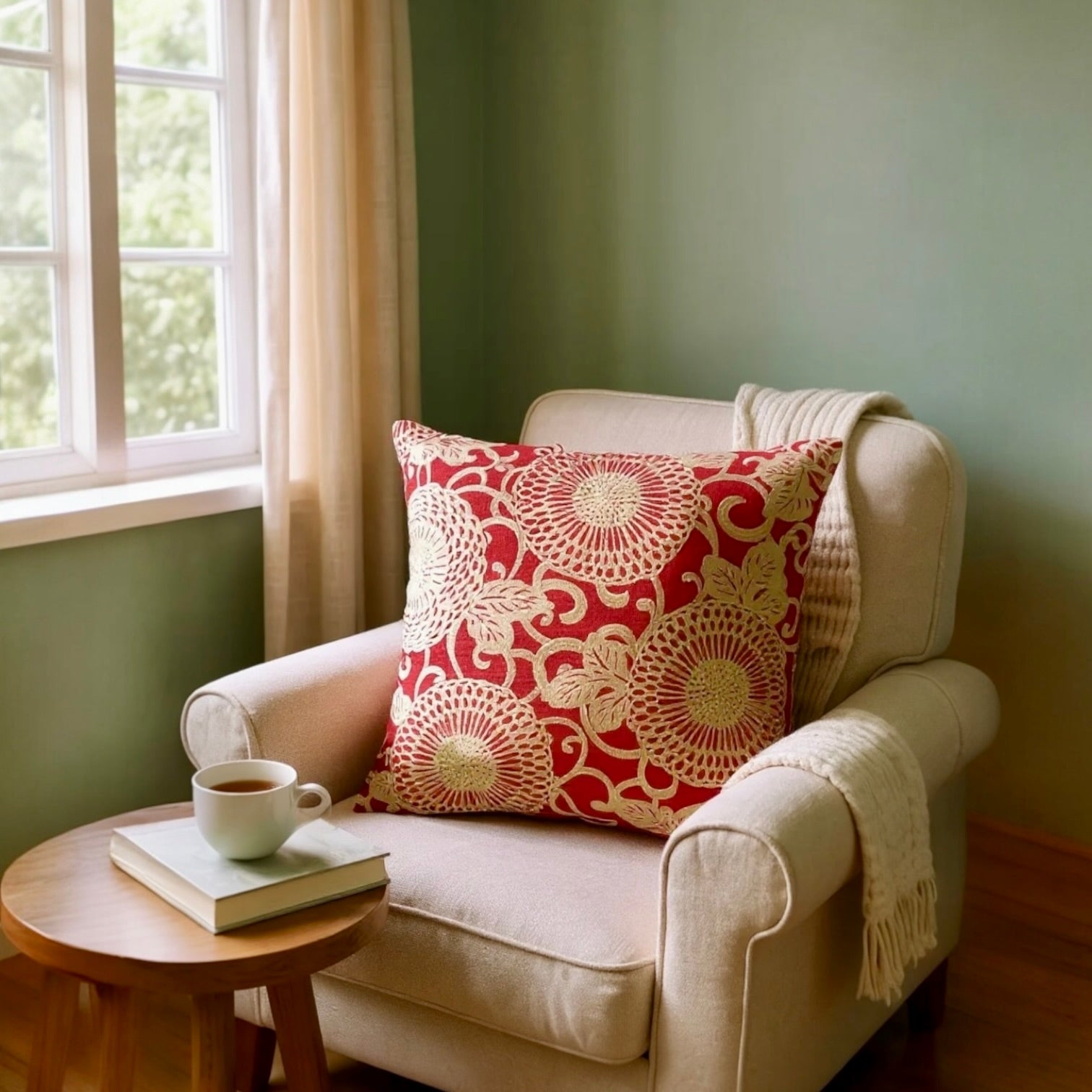 Large Red Linen Cushion with Cream/Gold Embroidery - 60x60cm