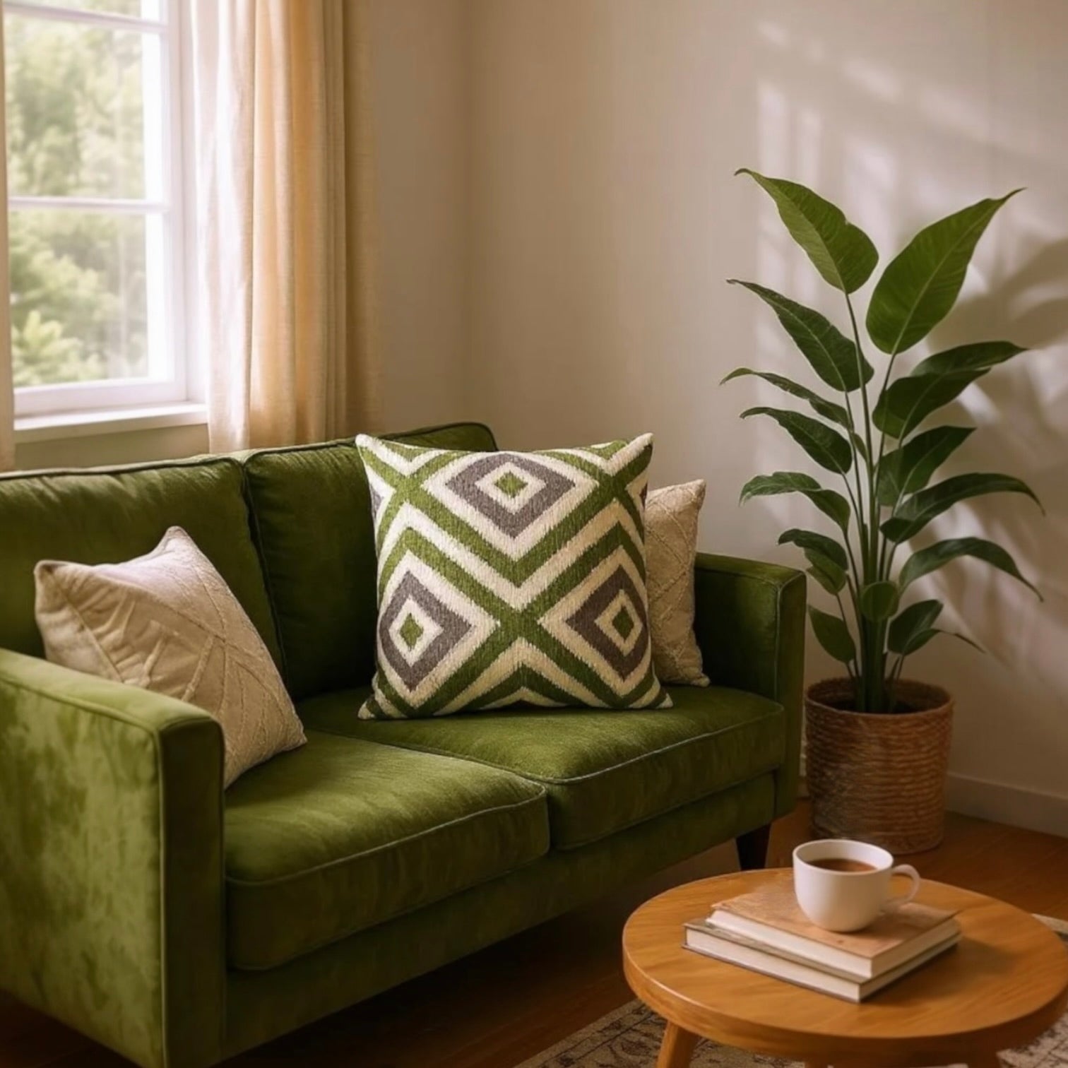 Green, Beige & Brown Velvet Kilim Cushion, Reversible - 60x60cm