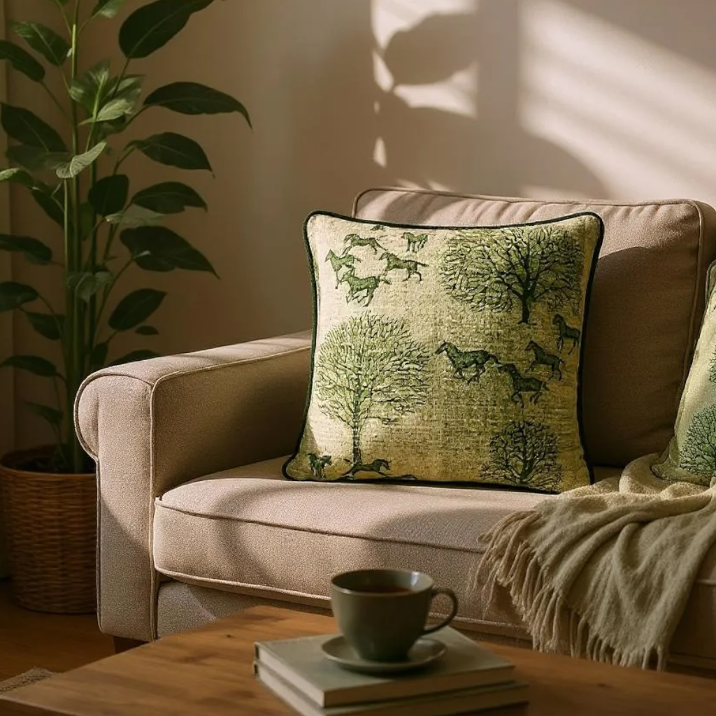 Striped Green Tree & Horse Print Cushion, Reversible - 40x40cm