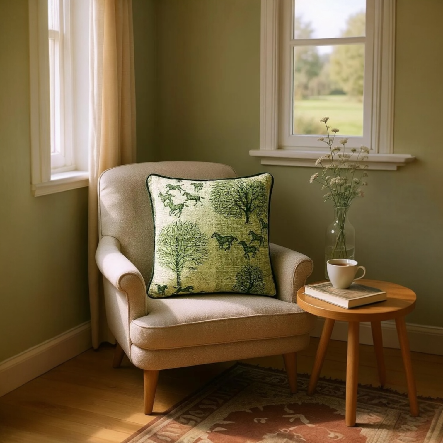 Striped Green Tree & Horse Print Cushion, Reversible - 40x40cm