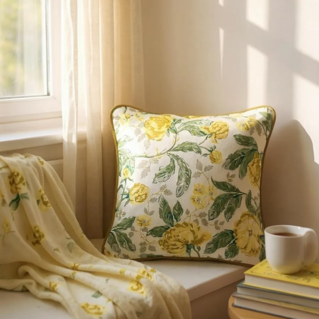 Yellow & Green Floral Printed Cushion, Reversible - 35x35cm