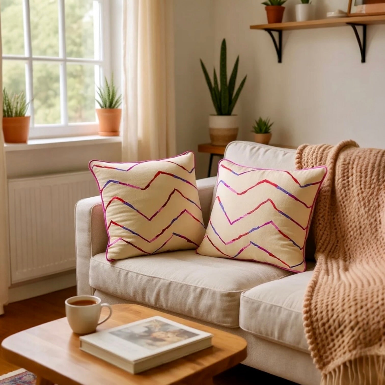 Luxury Beige Cotton Cushion with Pink, Red & Purple Zig Zag Embroidery – Reversible with Silk Backing - 45x45cm