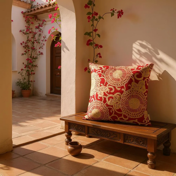Large Red Linen Cushion with Cream/Gold Embroidery - 60x60cm