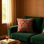 Luxurious jacquard woven cushion cover in red with gold paisley and gold twisted piping, 45x45cm.