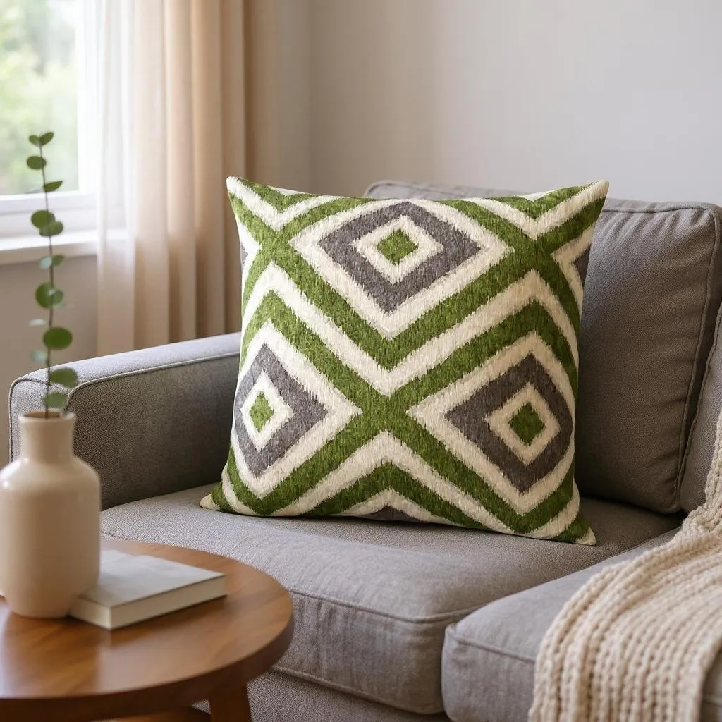 Green, Beige & Brown Velvet Kilim Cushion, Reversible - 60x60cm