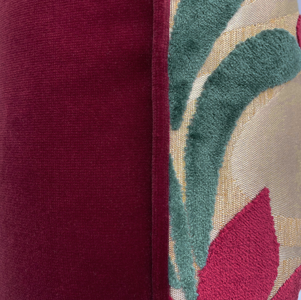 Red Velvet Devoré Flower on Gold Jacquard Cushion Cover, Reversible - 50x50cm