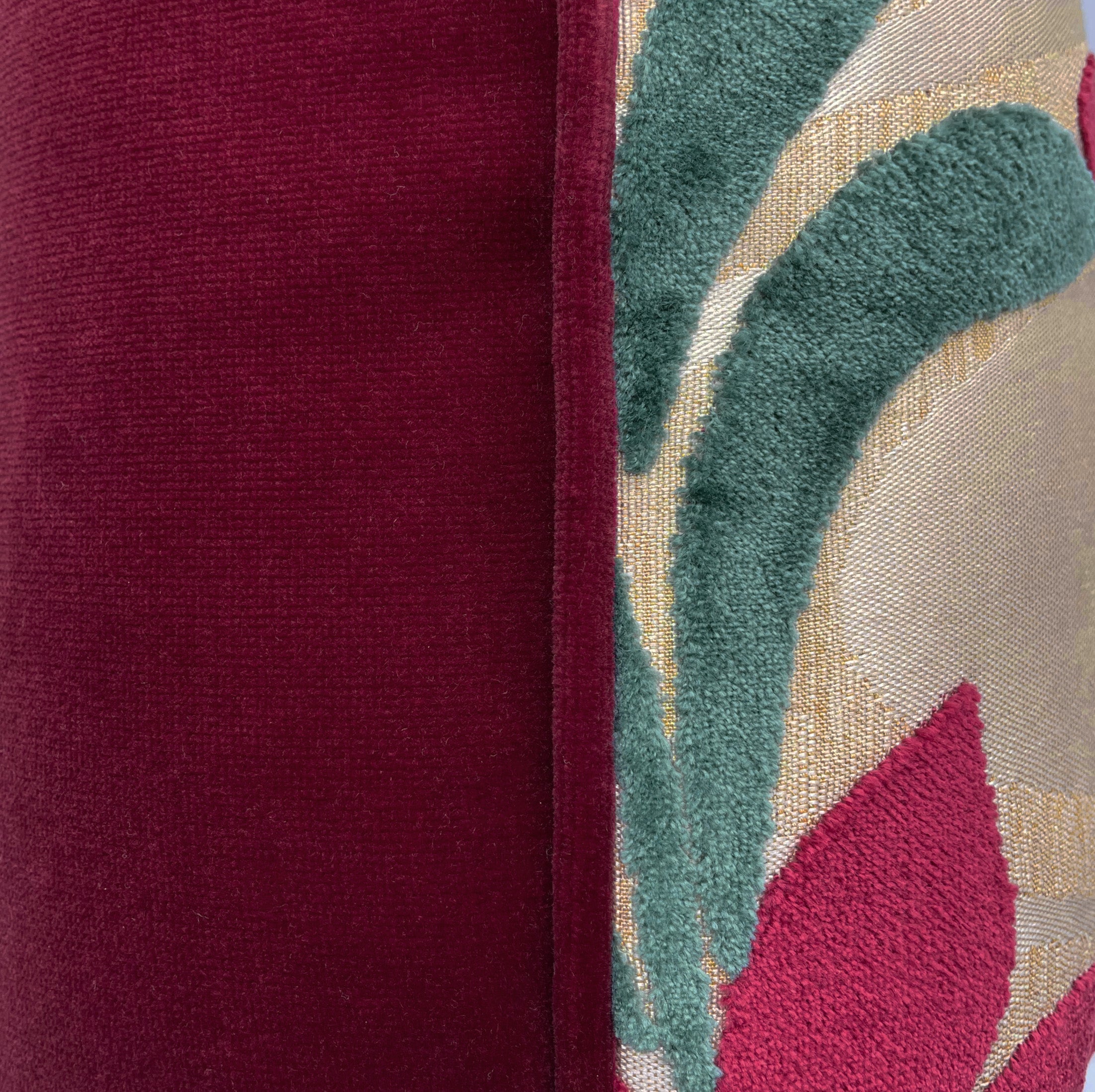 Red Velvet Devoré Flower on Gold Jacquard Cushion Cover, Reversible - 50x50cm
