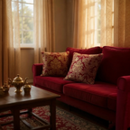 Luxurious jacquard woven cushion cover in red with gold paisley and gold twisted piping, 45x45cm.