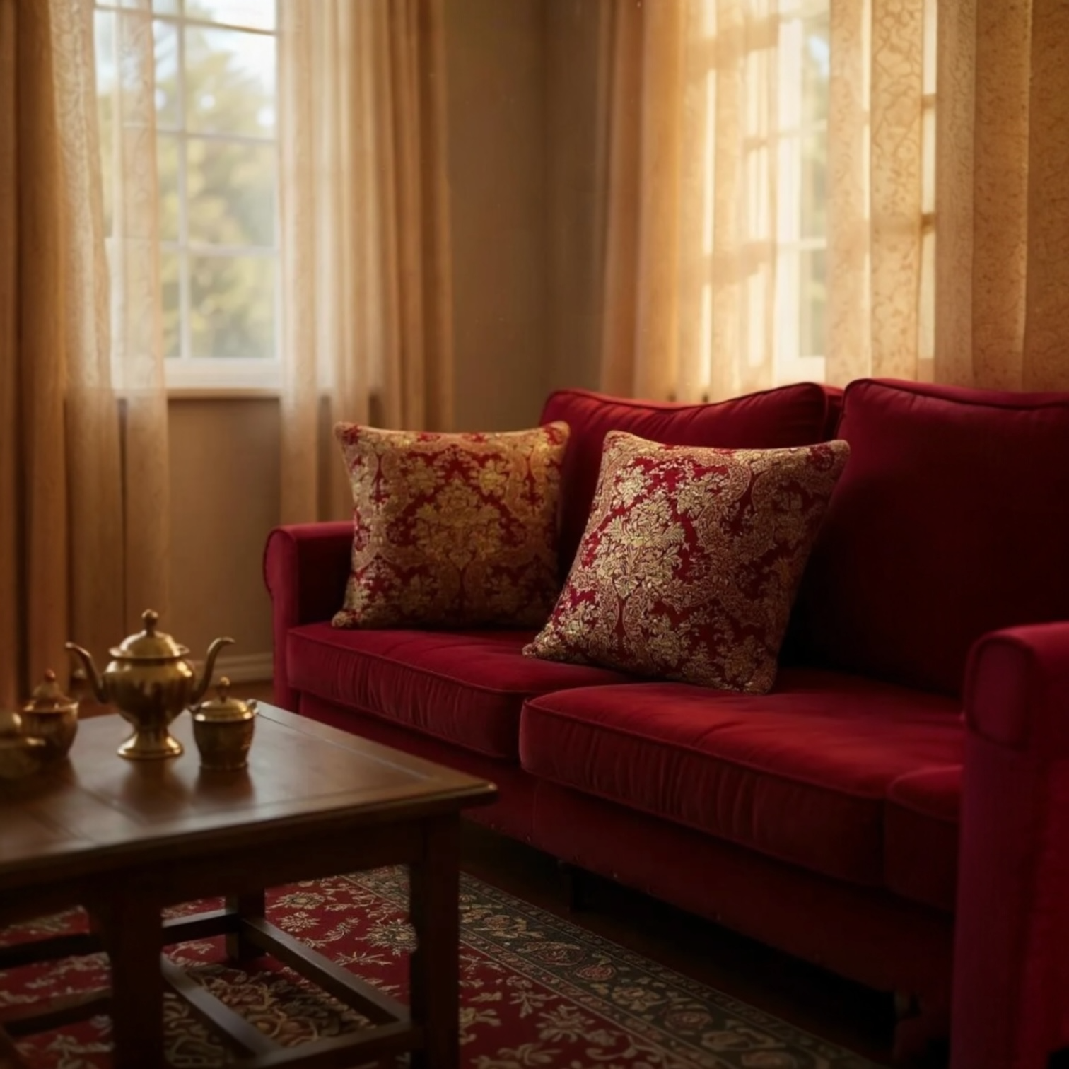 Luxurious jacquard woven cushion cover in red with gold paisley and gold twisted piping, 45x45cm.