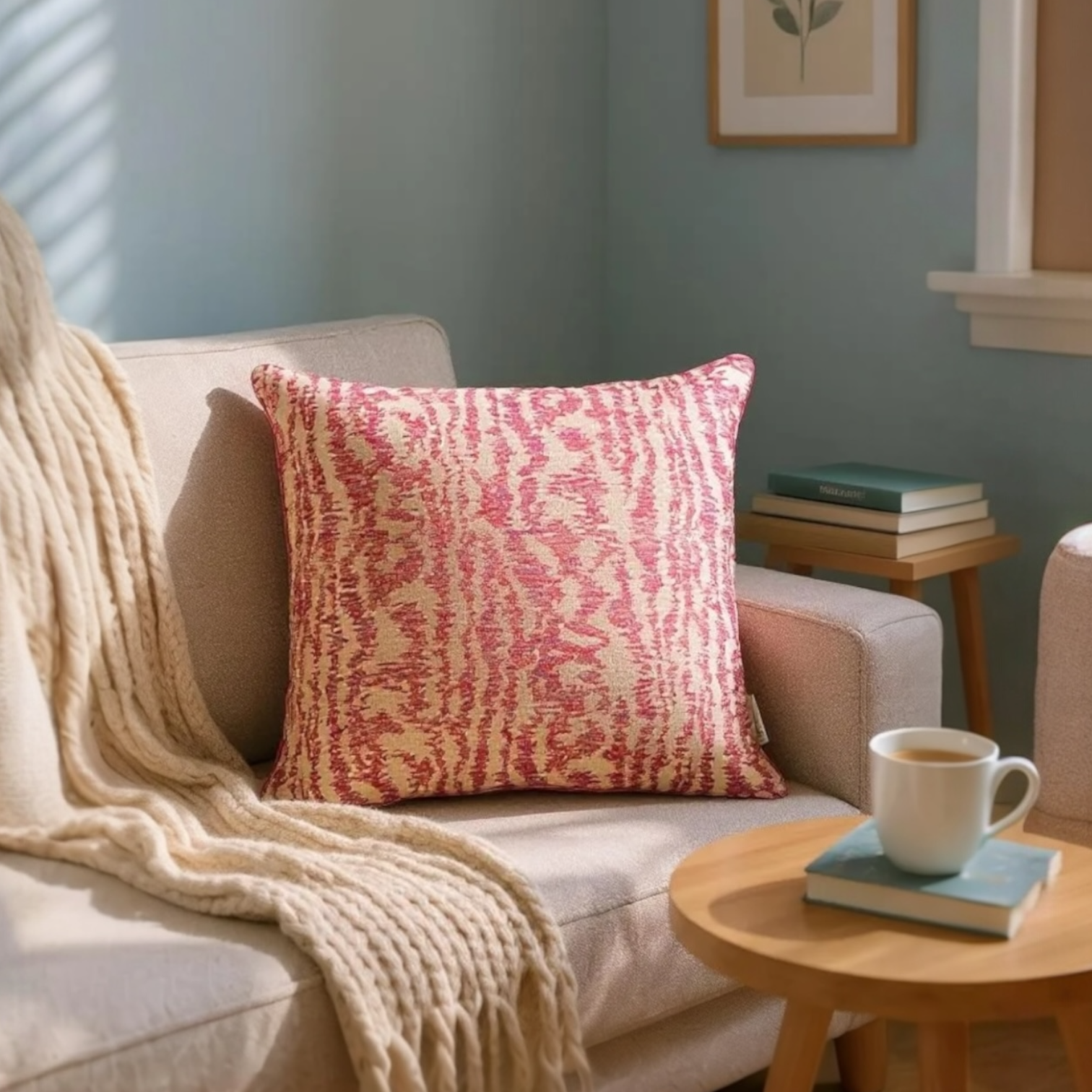 Pink & Beige Jacquard Cushion Cover, Reversible with Velvet Backing - 45x45cm