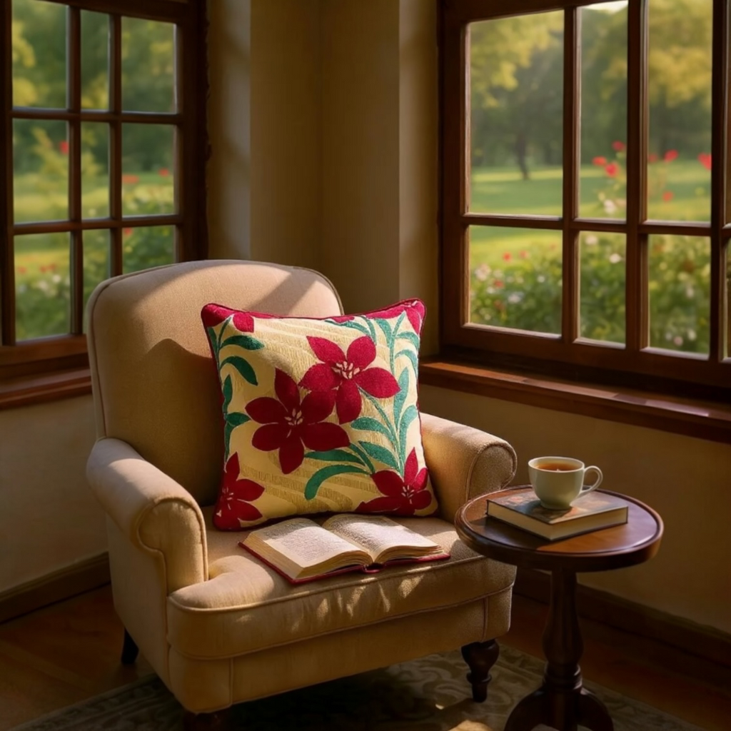 Red Velvet Devoré Flower on Gold Jacquard Cushion Cover, Reversible - 50x50cm