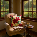 Red Velvet Devoré Flower on Gold Jacquard Cushion Cover, Reversible - 50x50cm