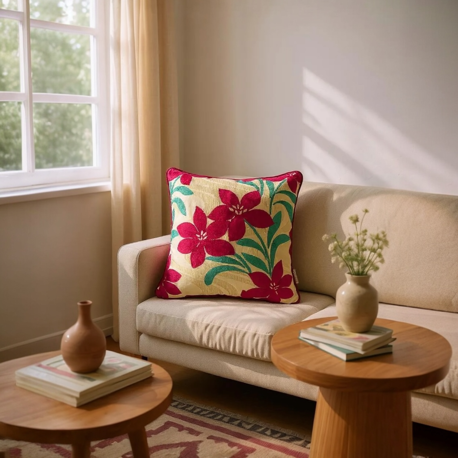 Red Velvet Devoré Flower on Gold Jacquard Cushion Cover, Reversible - 50x50cm
