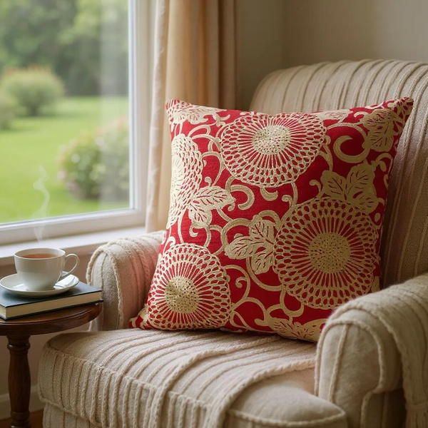 Large Red Linen Cushion with Cream/Gold Embroidery - 60x60cm