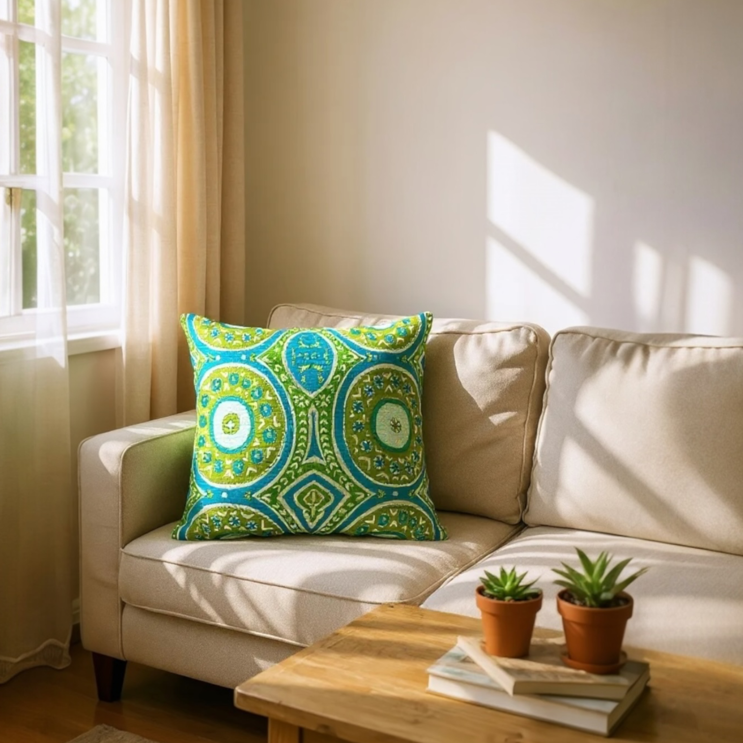 Large sustainable embroidered cushion with green and blue geometric design on linen, reversible wool back, 65x65cm floor cushion.