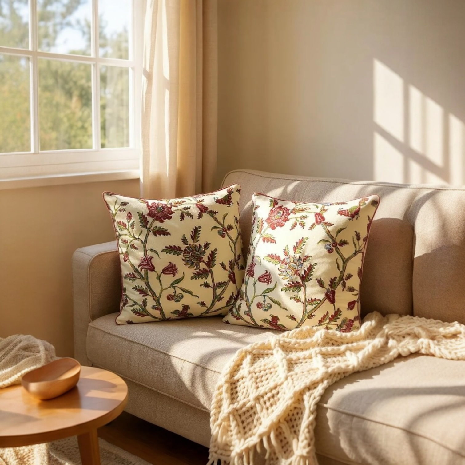 Red, Green & Blue Cashew Nut Tree Cotton Cushion, Reversible 60x60cm