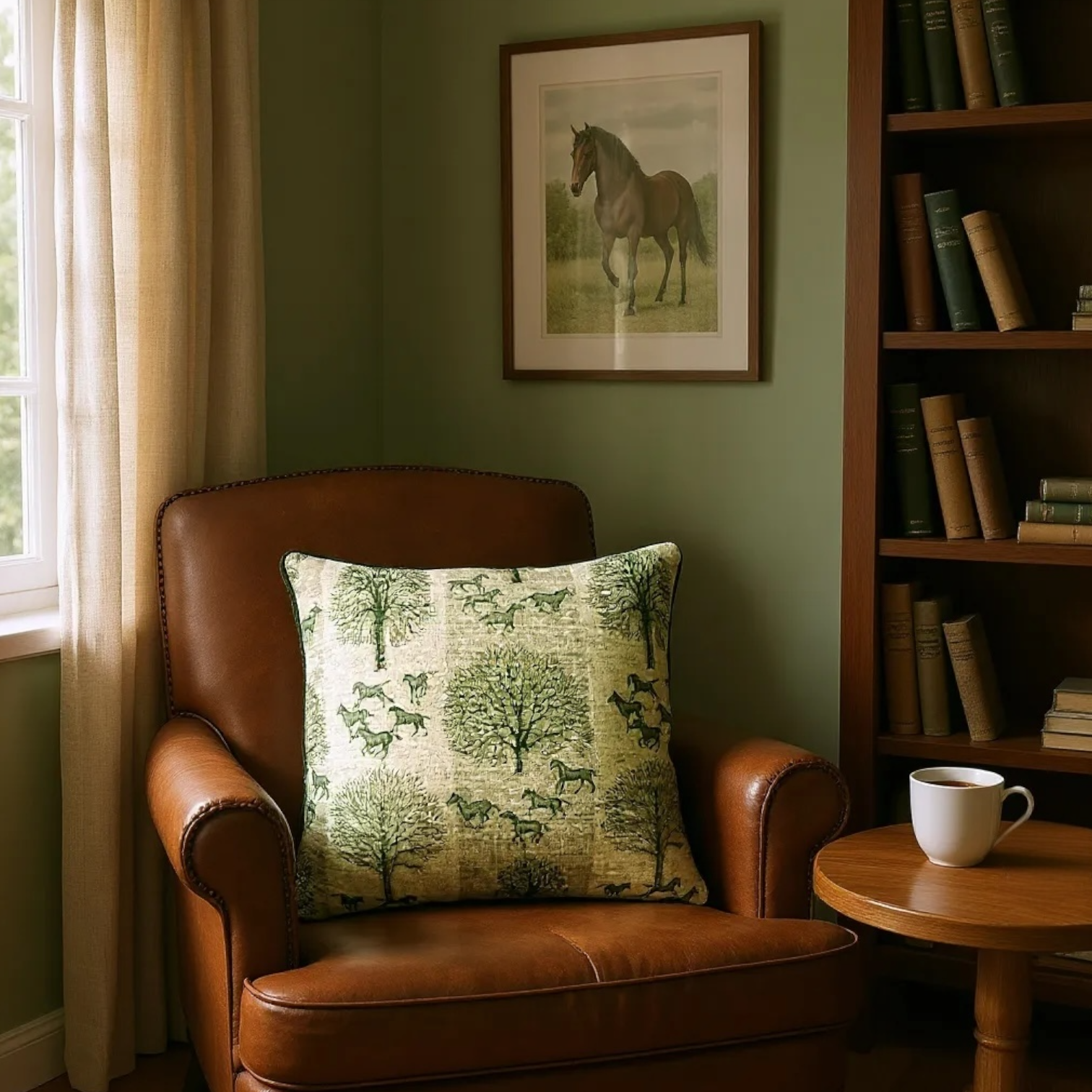 Striped Green Tree & Horse Print Cushion - 60x60cm