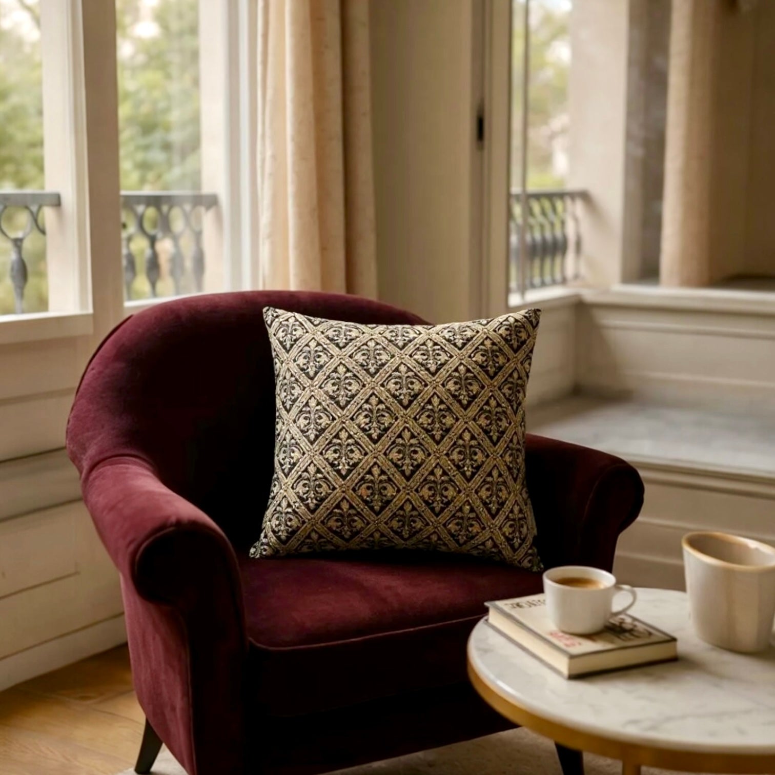 Fleur de Lis Black & Gold Jacquard Cushion - 40x40cm