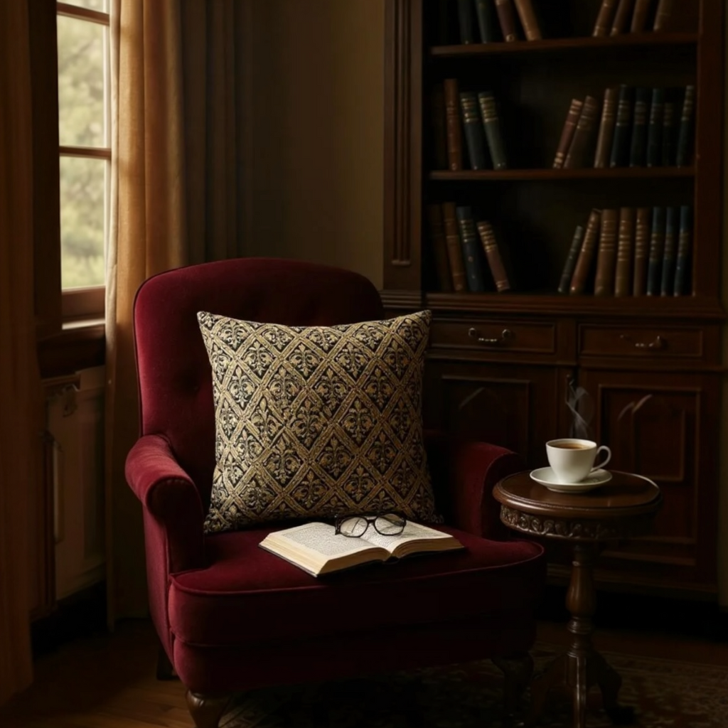 Fleur de Lis Black & Gold Jacquard Cushion - 40x40cm