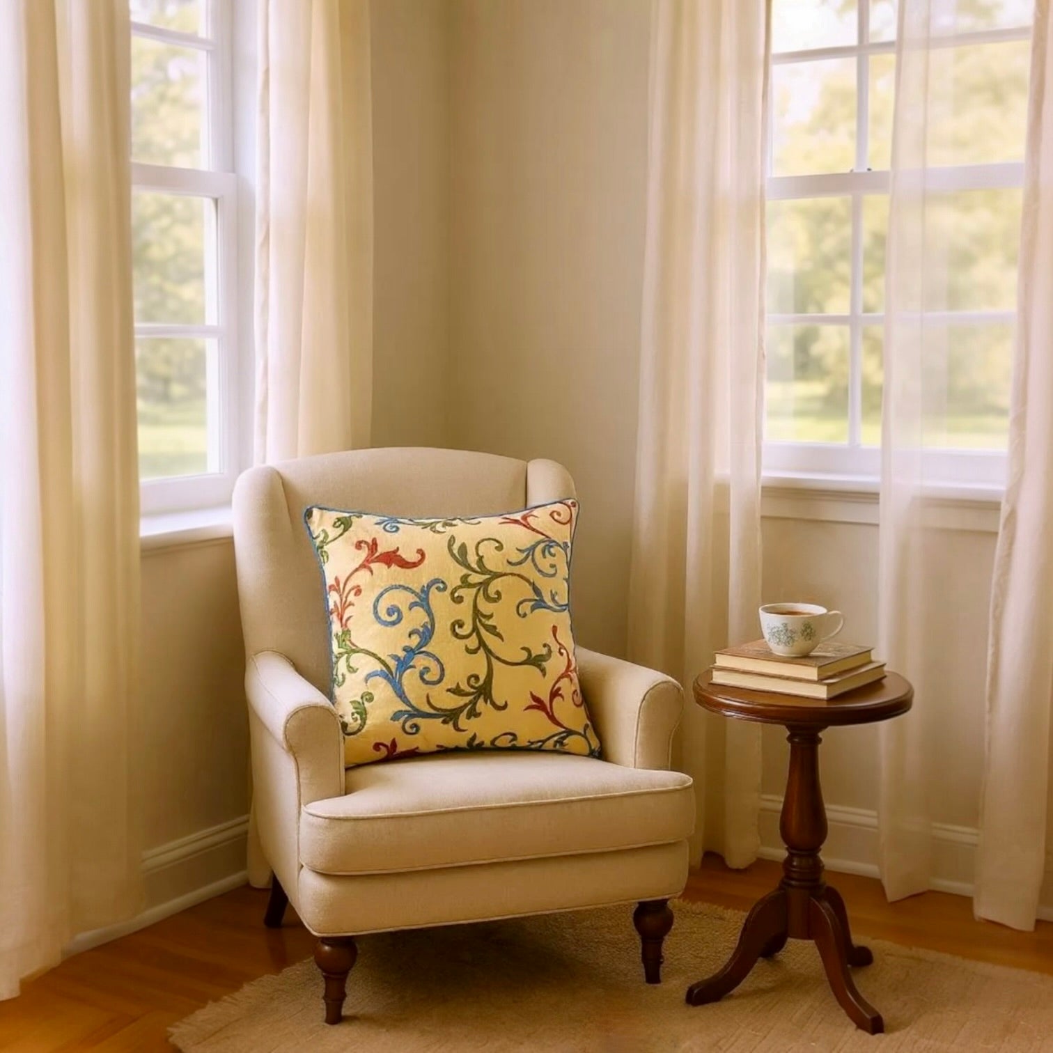 Golden Yellow 100% Silk Taffeta Multicoloured Embroidered Swirls Cushion - 60x60cm