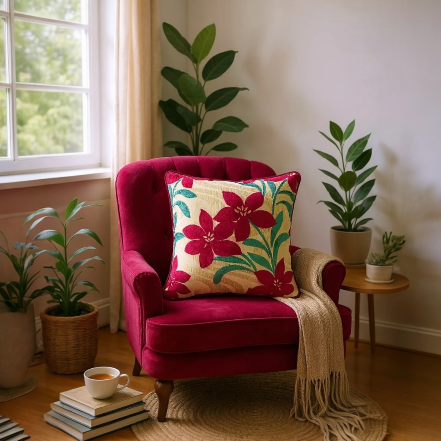 Red Velvet Devoré Flower on Gold Jacquard Cushion Cover, Reversible - 50x50cm