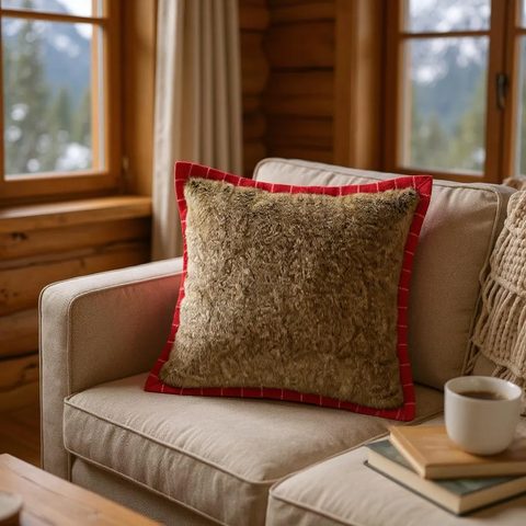 Brown Faux Fur Cushion Cover backed & Framed with Checked Red Wool, Reversible - 40x40cm