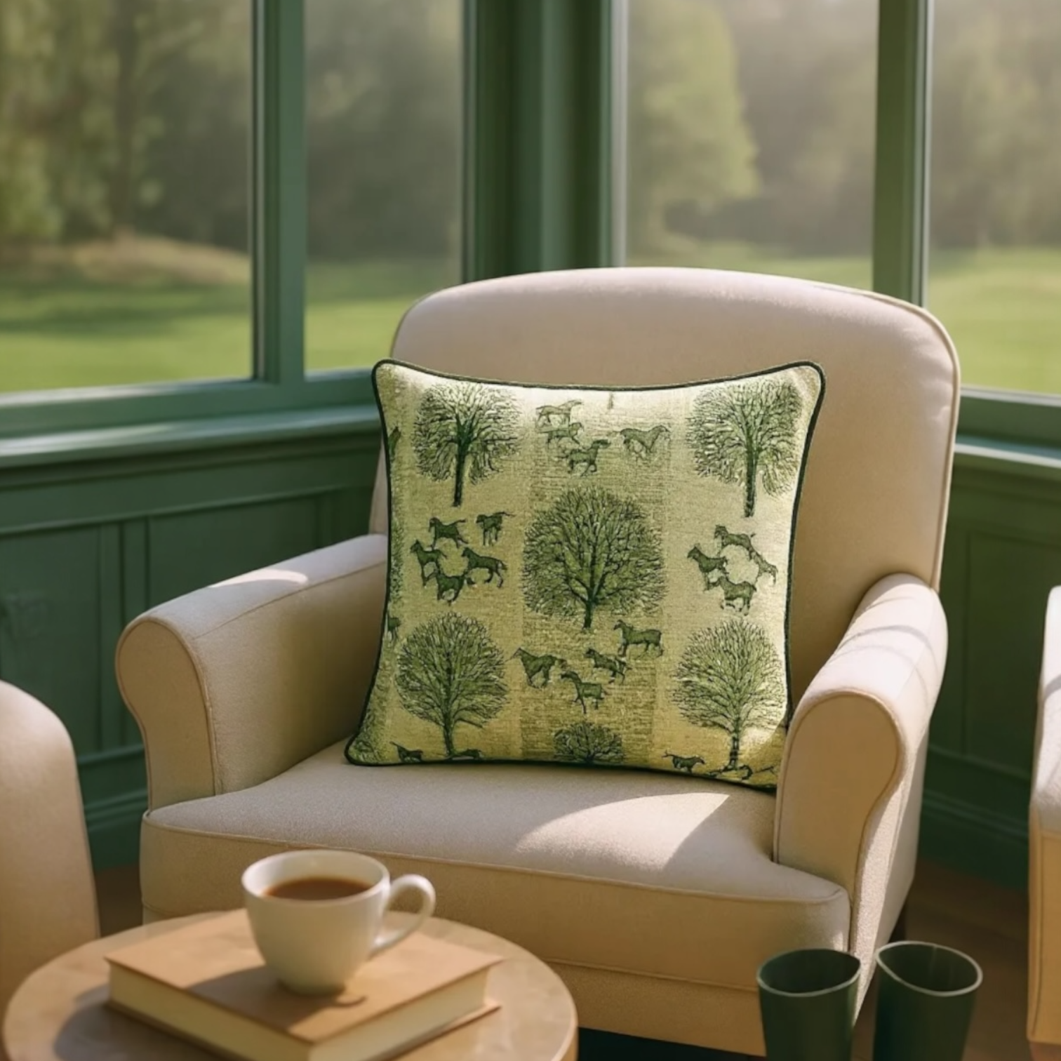 Striped Green Tree & Horse Print Cushion - 60x60cm