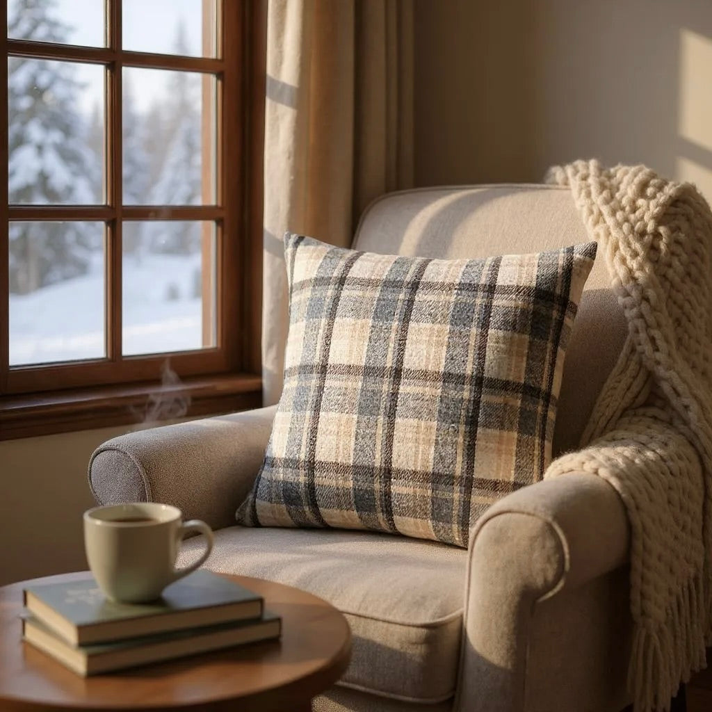 Brown, Beige & Blue Coloured Flannel Wool Checked Cushion Cover - 45x45cm