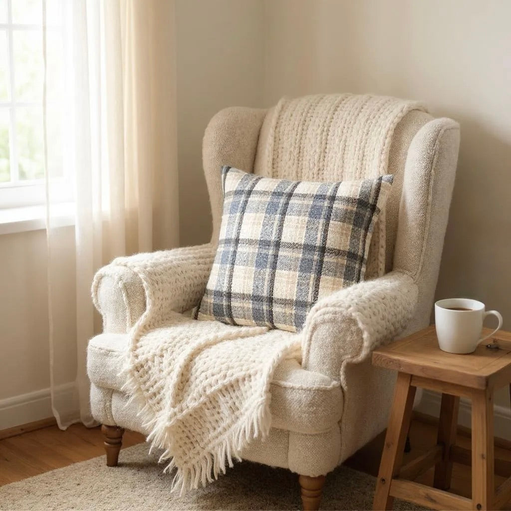 Brown, Beige & Blue Coloured Flannel Wool Checked Cushion Cover - 45x45cm