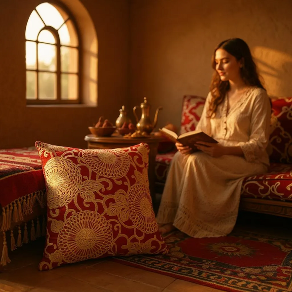 Large Red Linen Cushion with Cream/Gold Embroidery - 60x60cm