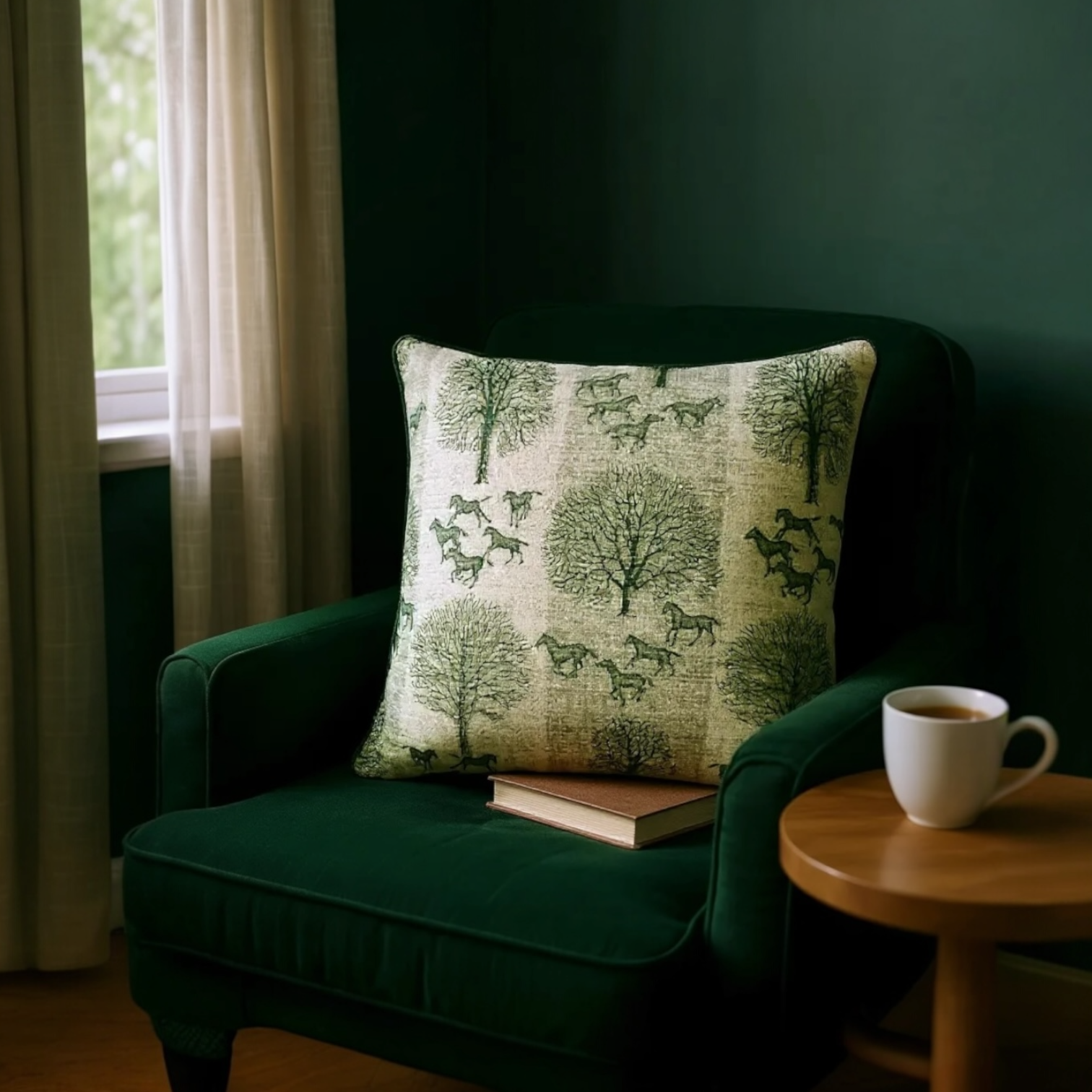 Striped Green Tree & Horse Print Cushion - 60x60cm