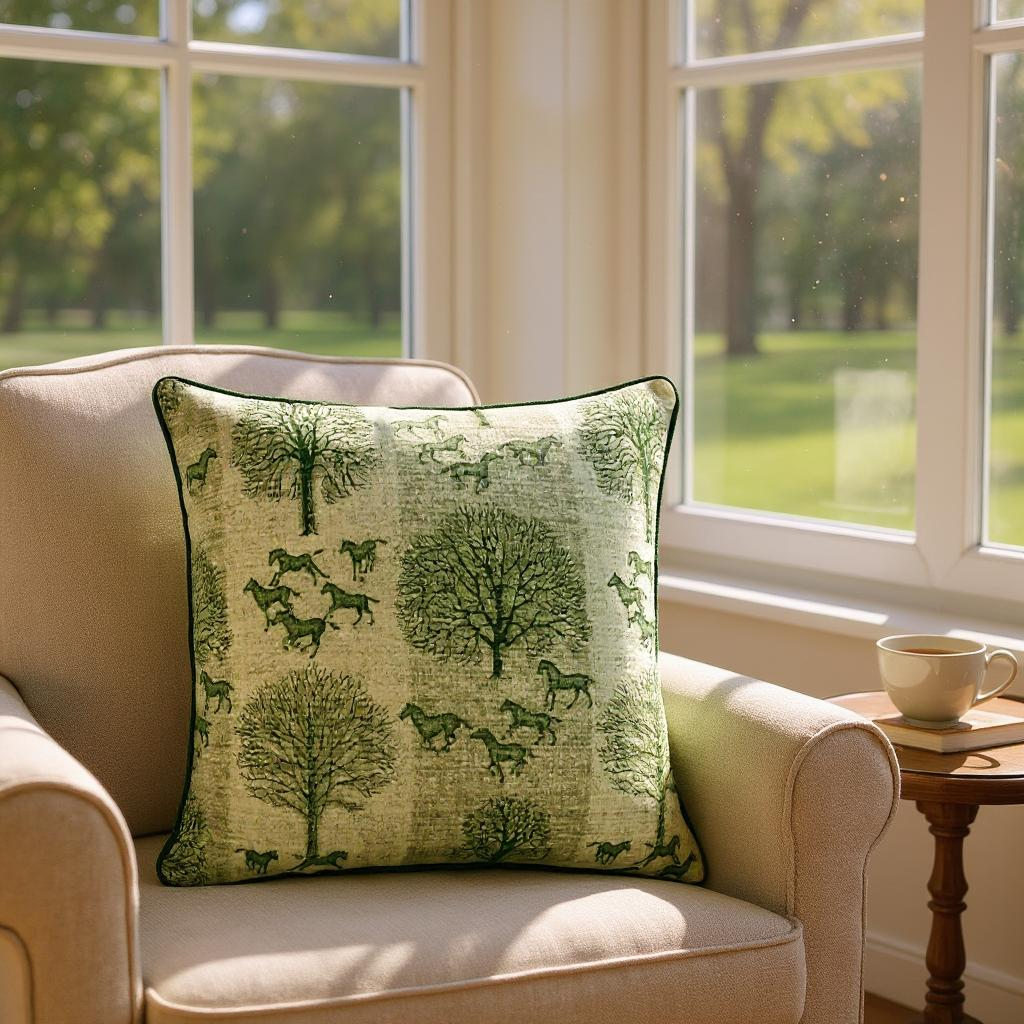 Striped Green Tree & Horse Print Cushion - 60x60cm