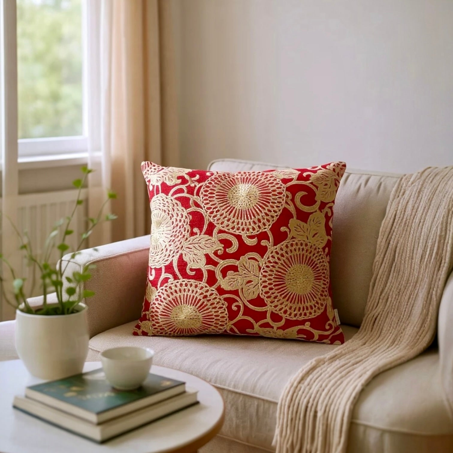 Large Red Linen Cushion with Cream/Gold Embroidery - 60x60cm
