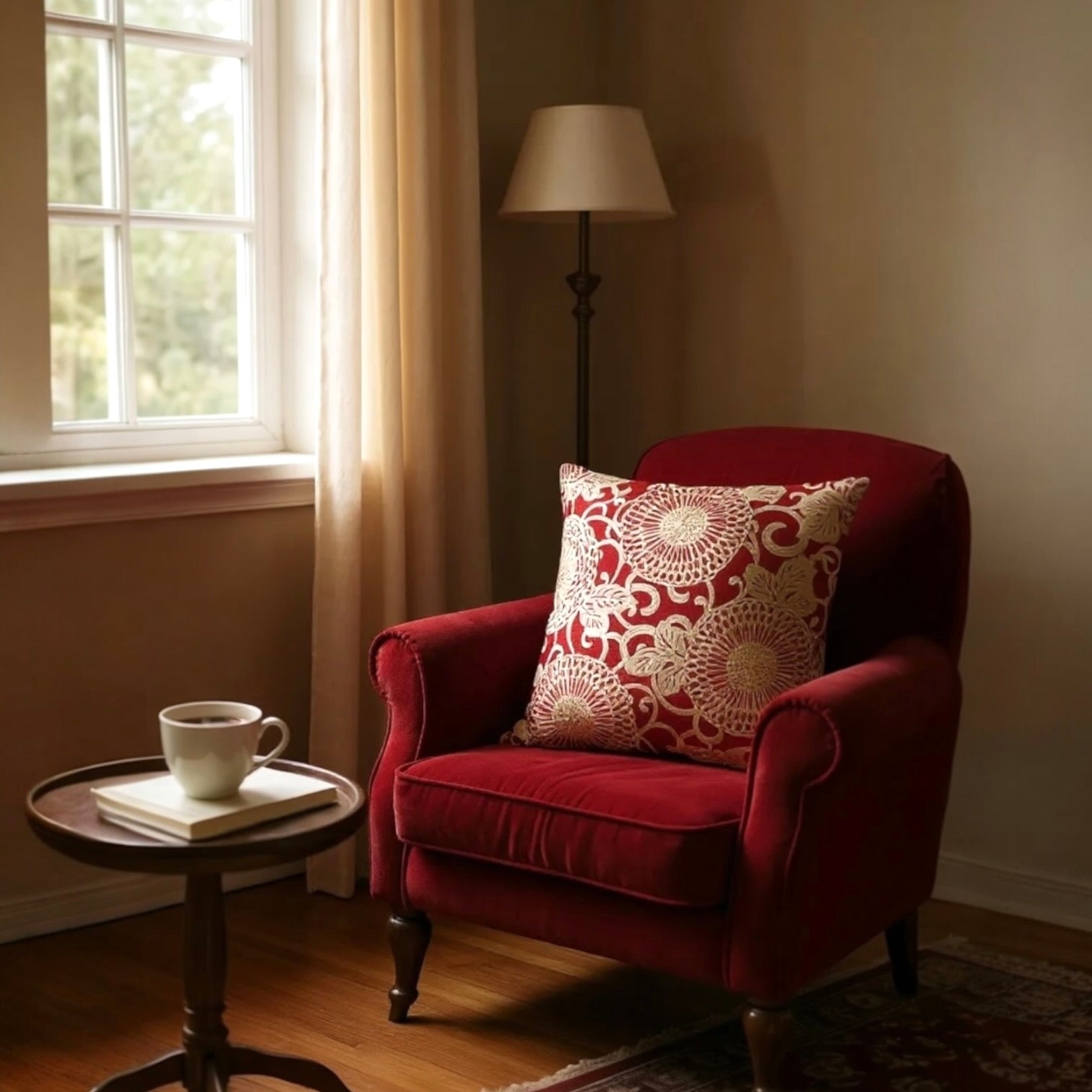 Large Red Linen Cushion with Cream/Gold Embroidery - 60x60cm