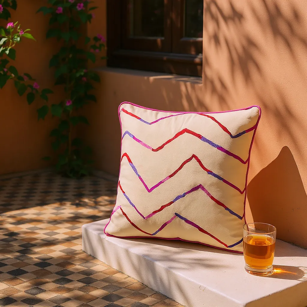 Luxury Beige Cotton Cushion with Pink, Red & Purple Zig Zag Embroidery – Reversible with Silk Backing - 45x45cm