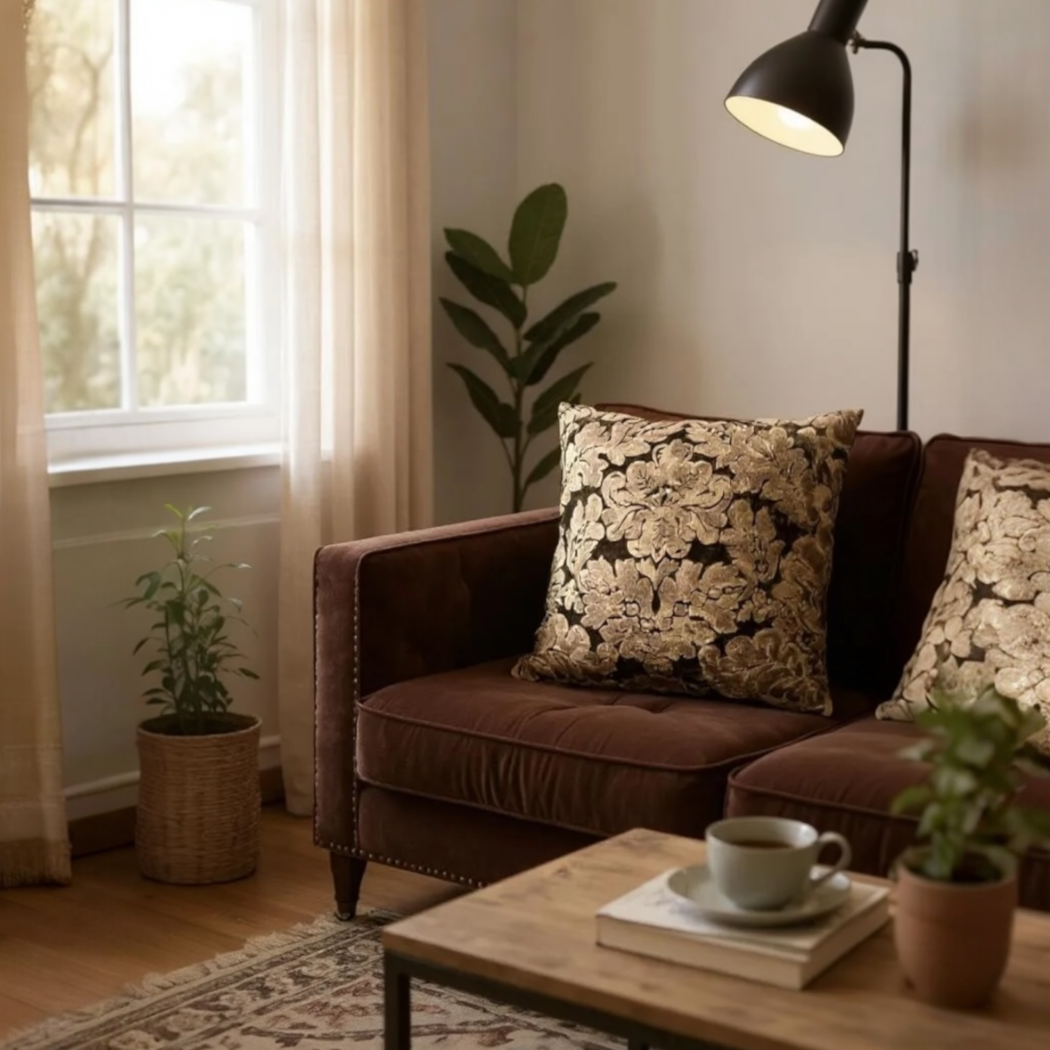 Brown Velvet & Gold Paisley Cushion Cover, 50x50cm