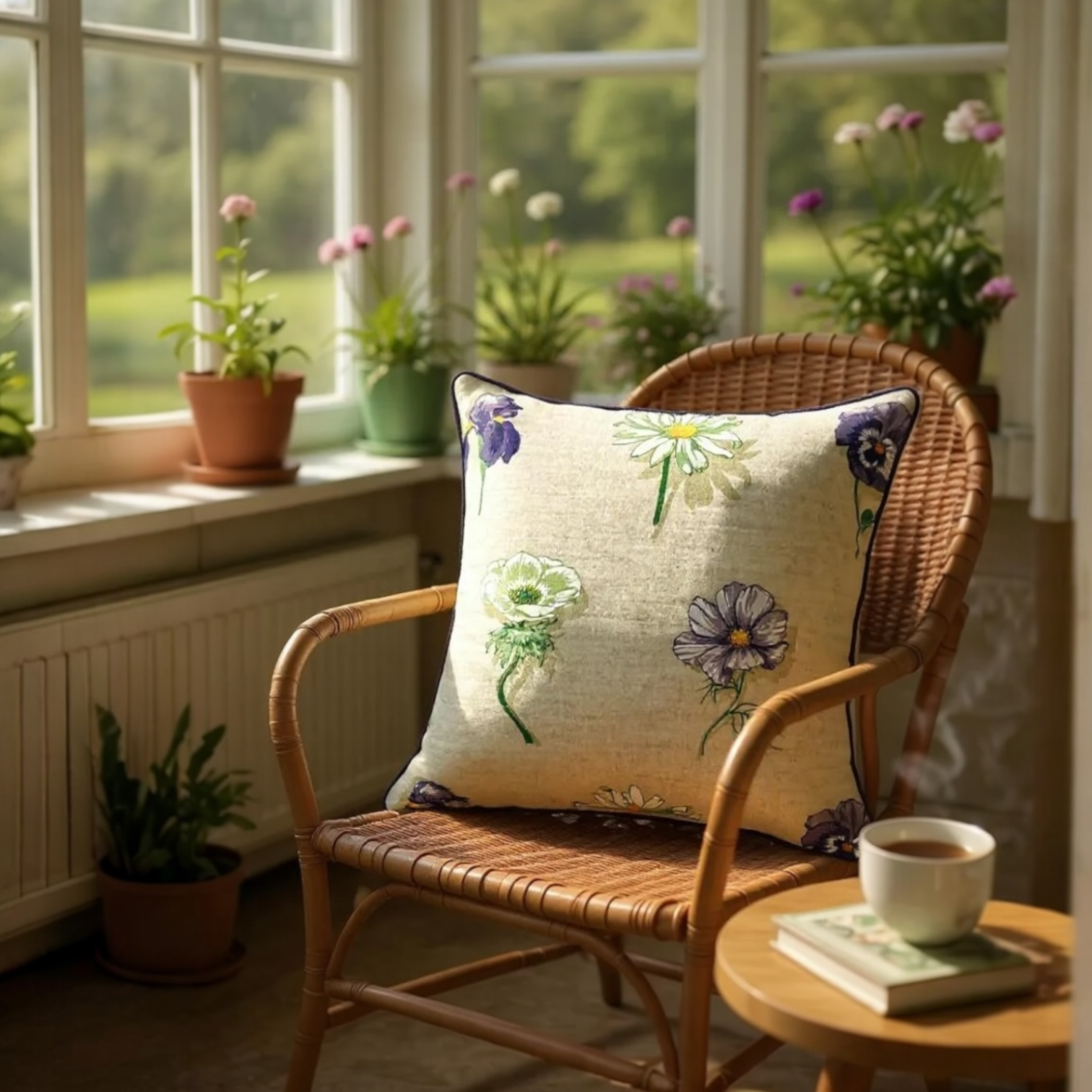 Large Flower Print on Beige Linen Cushion, Reversible - 60x60cm