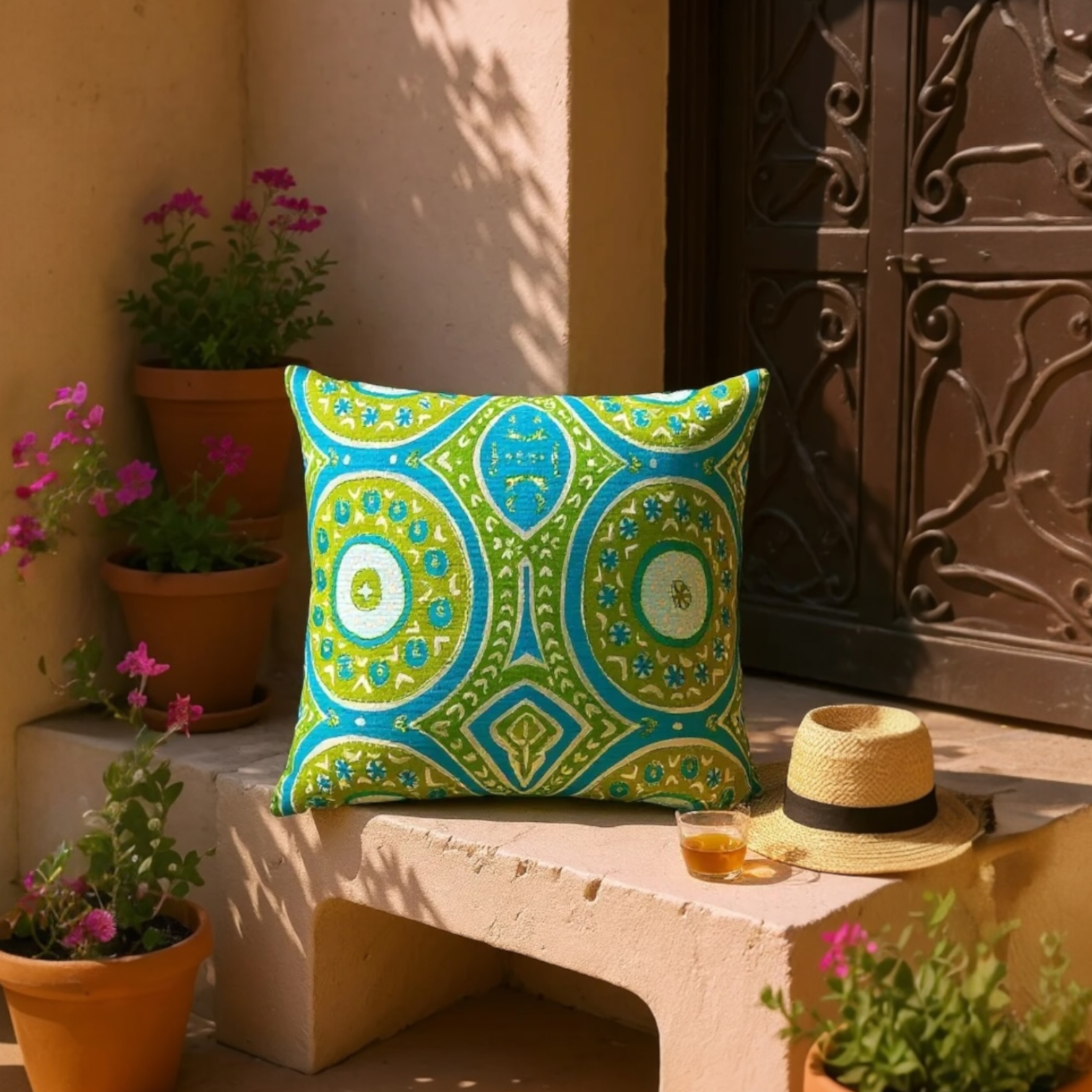 Large sustainable embroidered cushion with green and blue geometric design on linen, reversible wool back, 65x65cm floor cushion.
