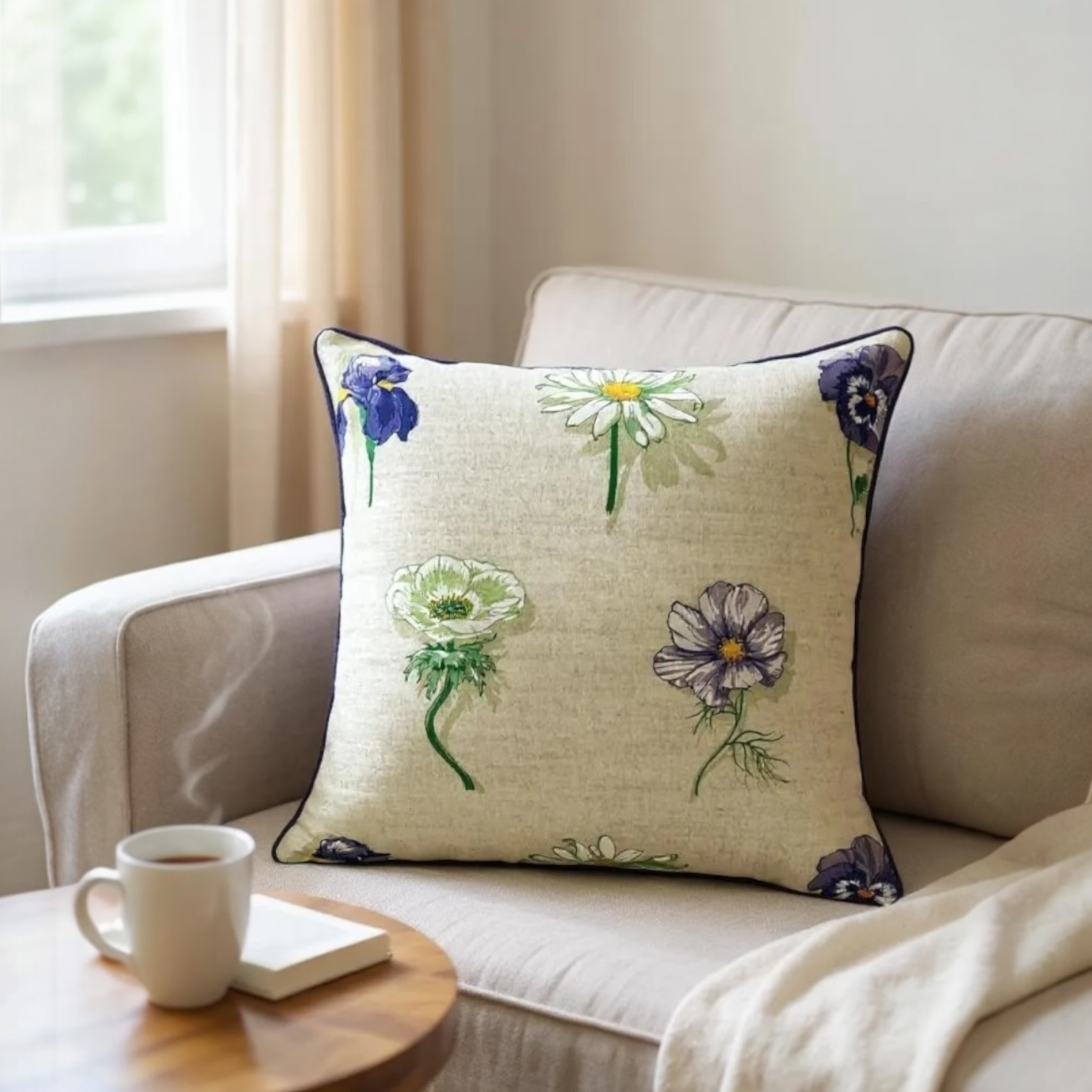 Large Flower Print on Beige Linen Cushion, Reversible - 60x60cm