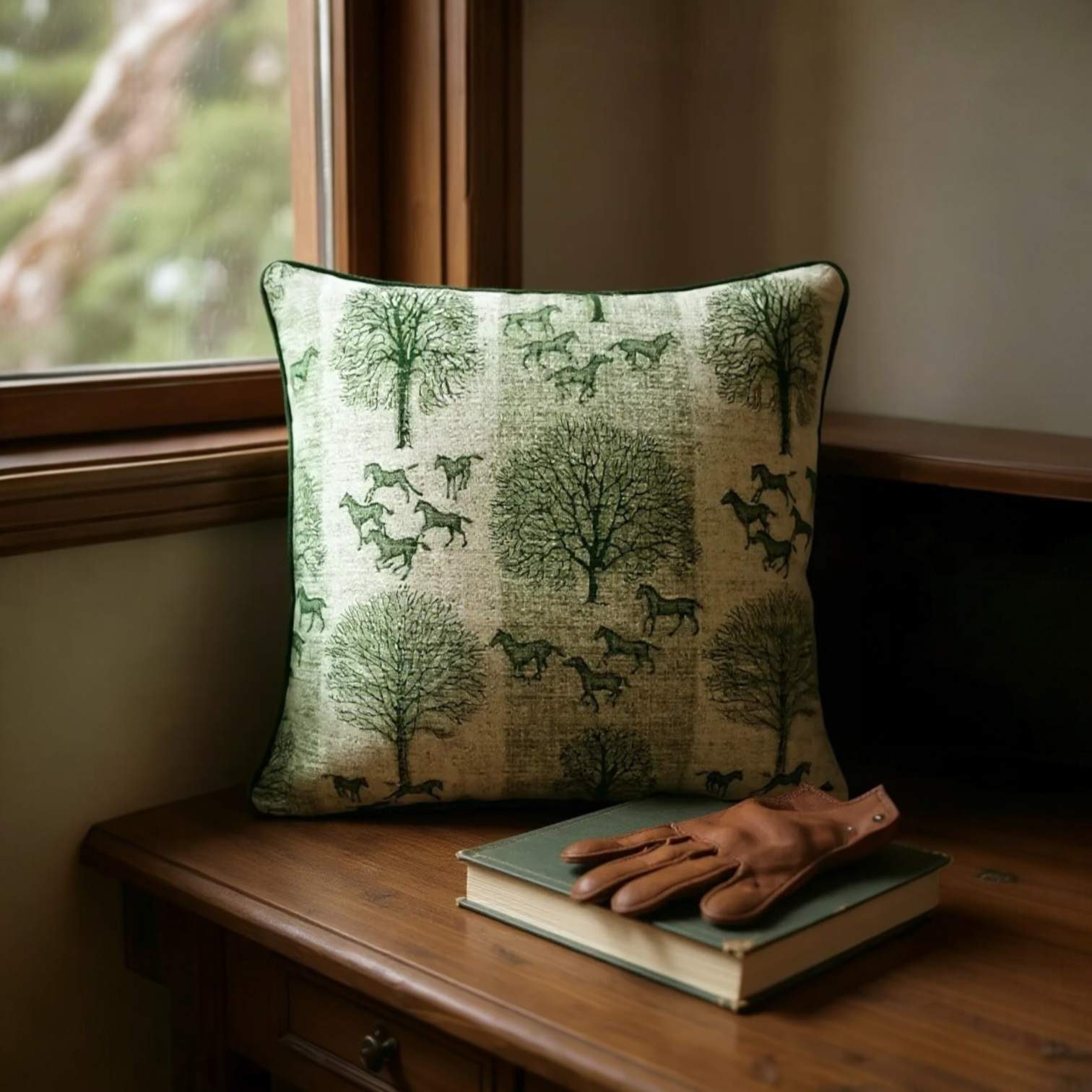 Striped Green Tree & Horse Print Cushion - 60x60cm