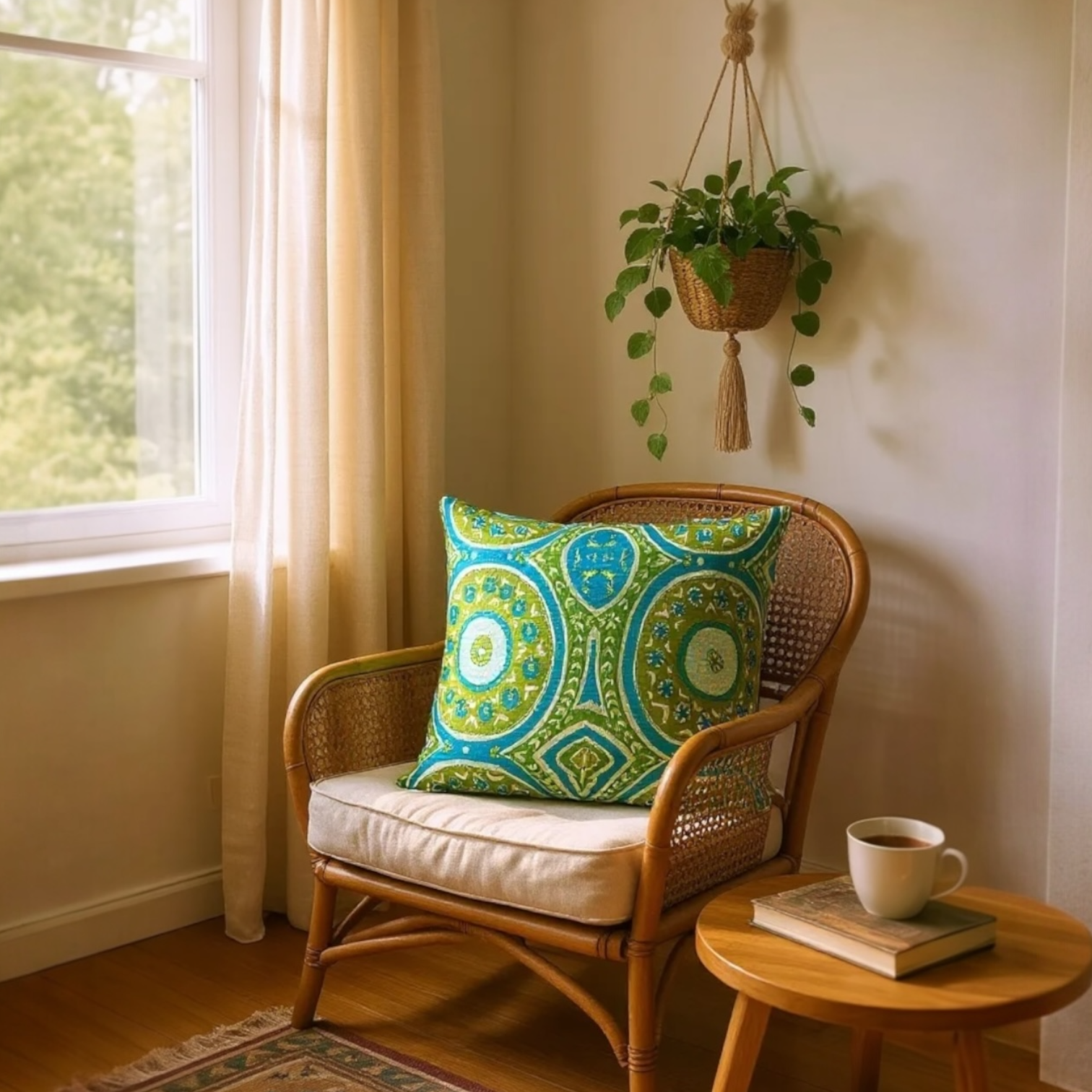 Large sustainable embroidered cushion with green and blue geometric design on linen, reversible wool back, 65x65cm floor cushion.