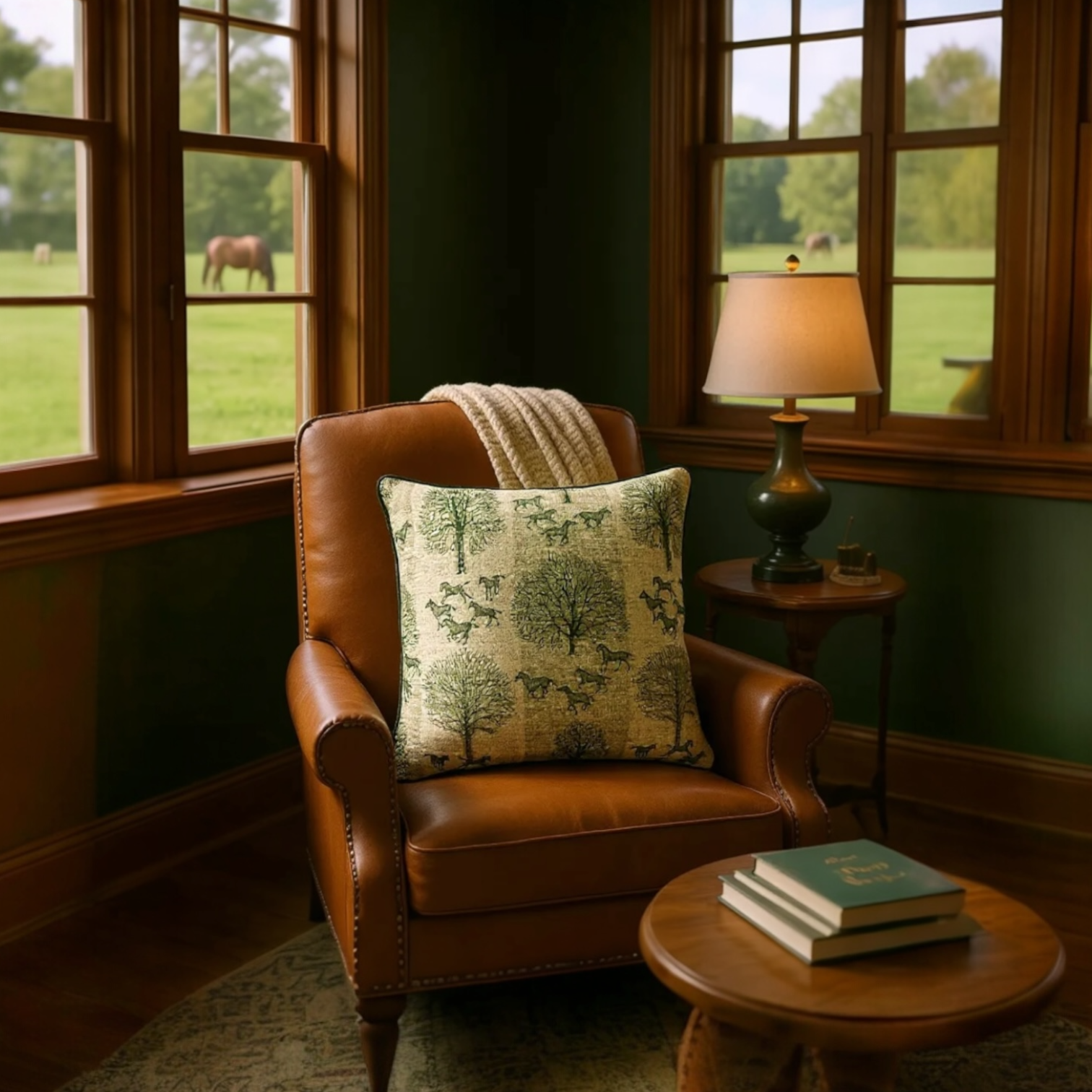 Striped Green Tree & Horse Print Cushion - 60x60cm