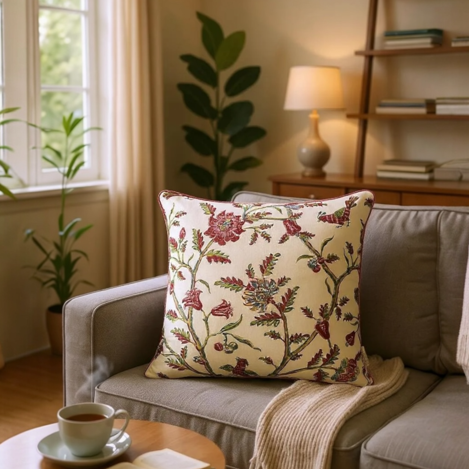 Red, Green & Blue Cashew Nut Tree Cotton Cushion, Reversible 60x60cm