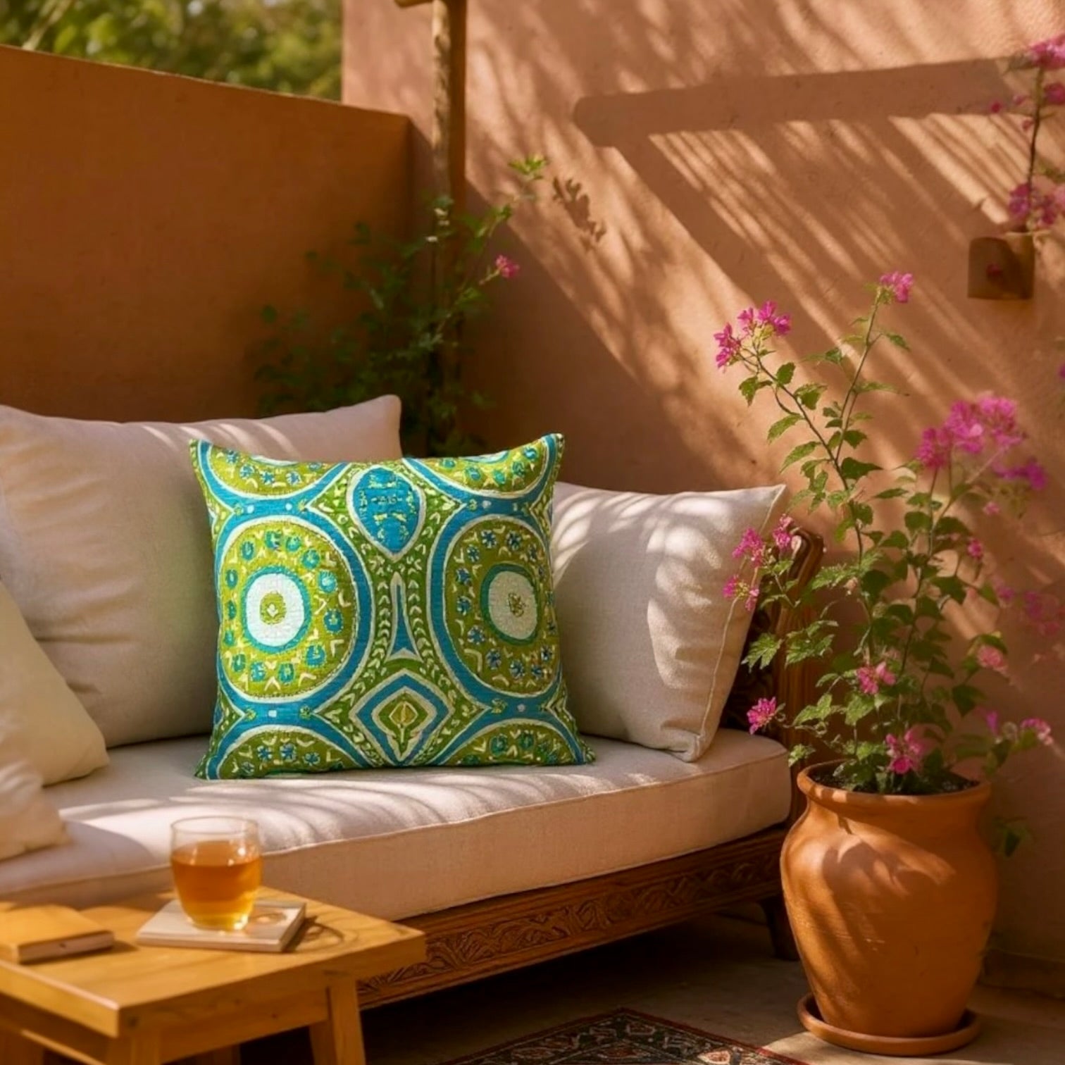 Very Large Embroidered Blue & Green Linen Cushion, Reversible - 65x65cm