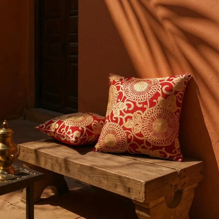 Large Red Linen Cushion with Cream/Gold Embroidery - 60x60cm