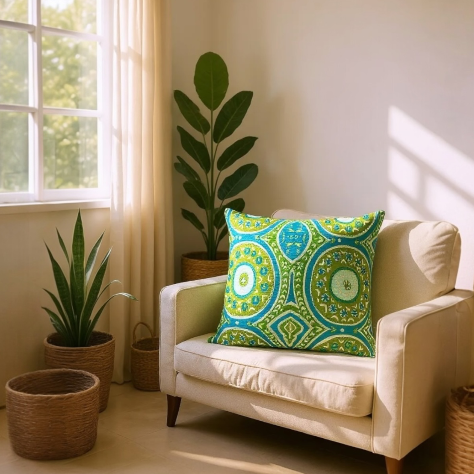 Large sustainable embroidered cushion with green and blue geometric design on linen, reversible wool back, 65x65cm floor cushion.